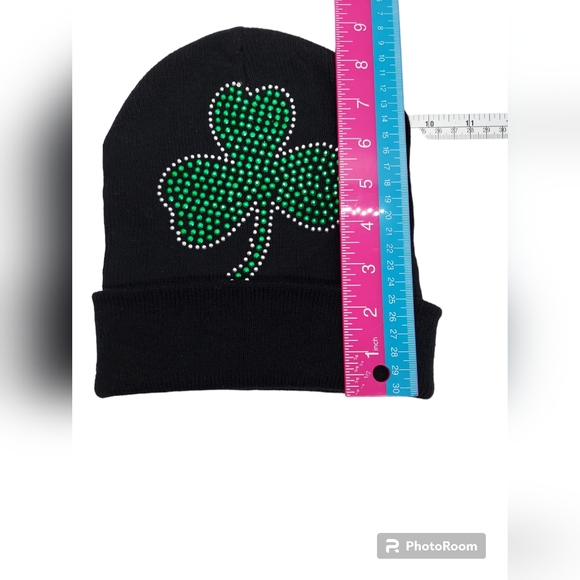 Black Knit Hat with Rhinestone Shamrock - Picture 3 of 8
